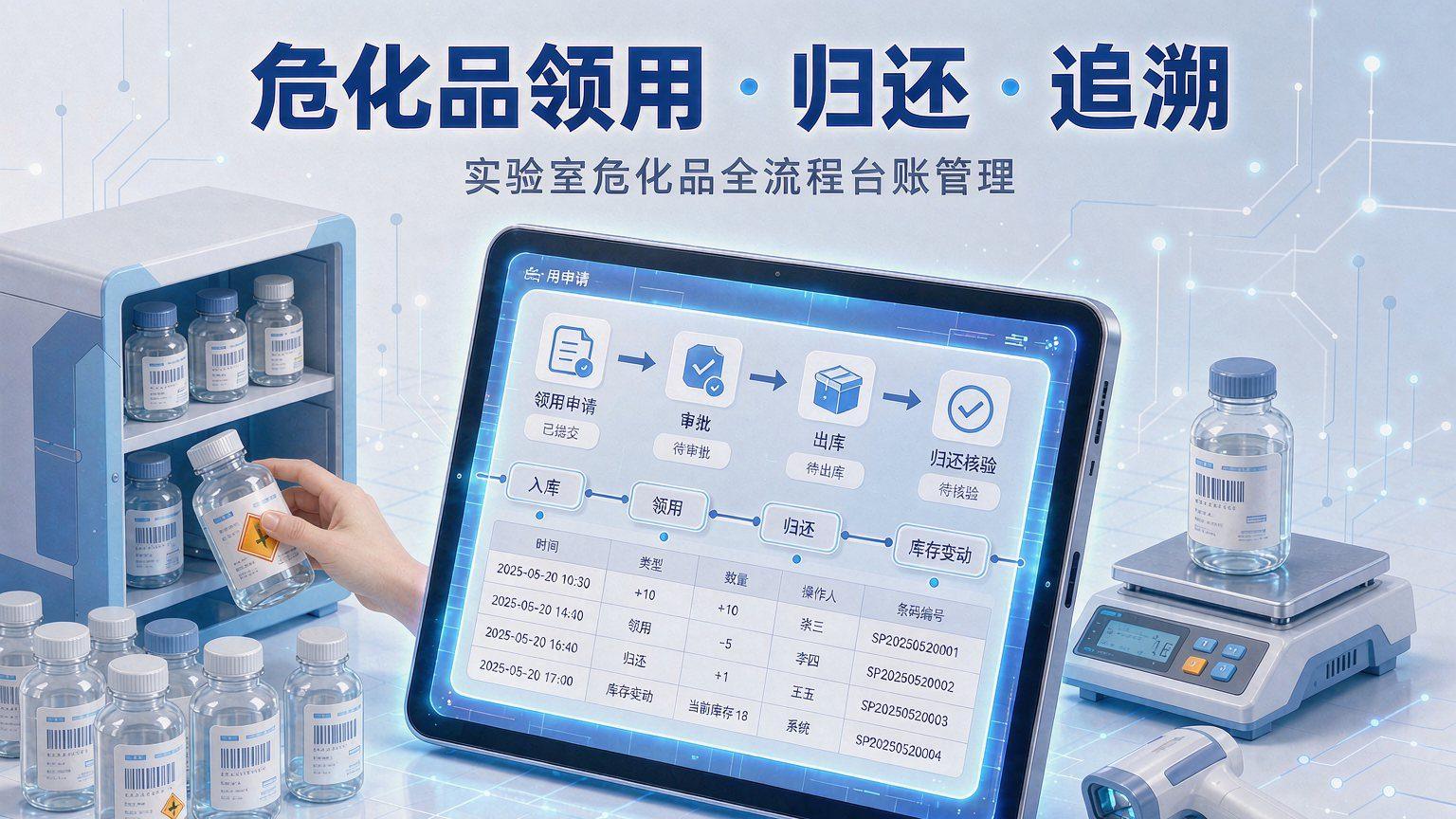 实验室危化品领用、归还与台账追溯：领用申请、审批、出库、归还核验与库存变动全流程示意图