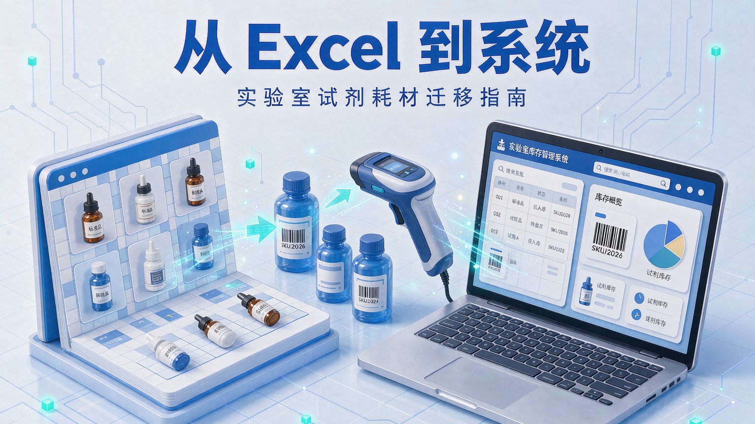 实验室试剂耗材管理从 Excel 台账迁移到管理系统：档案导入、库存核对与分阶段切换示意图